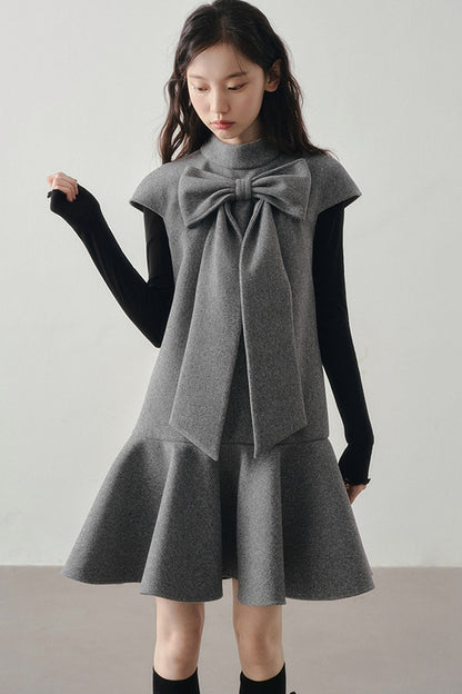 Woolen Bow Flutter Sleeve Dress