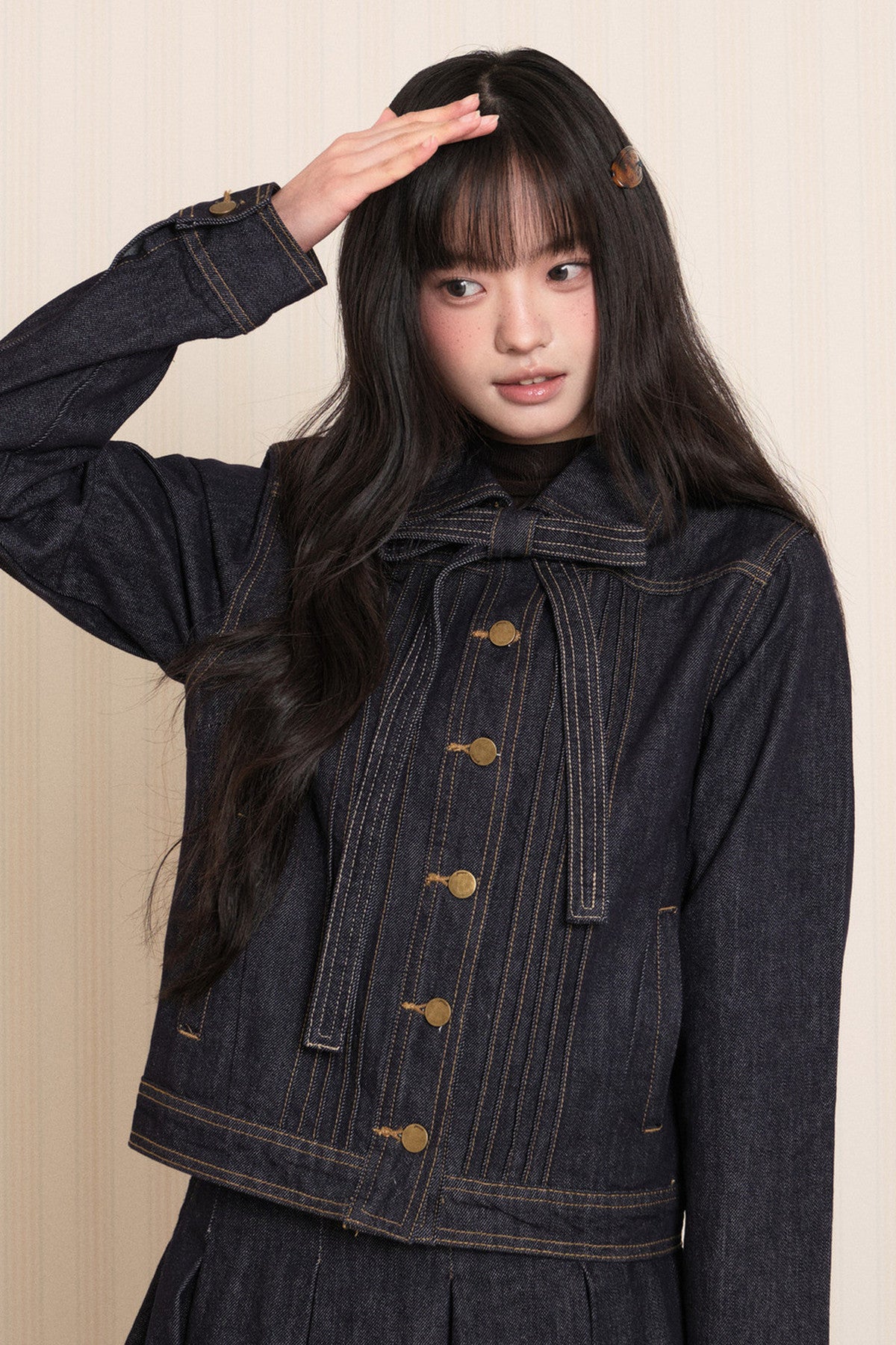 Washed Denim Lapel Tie Jacket
