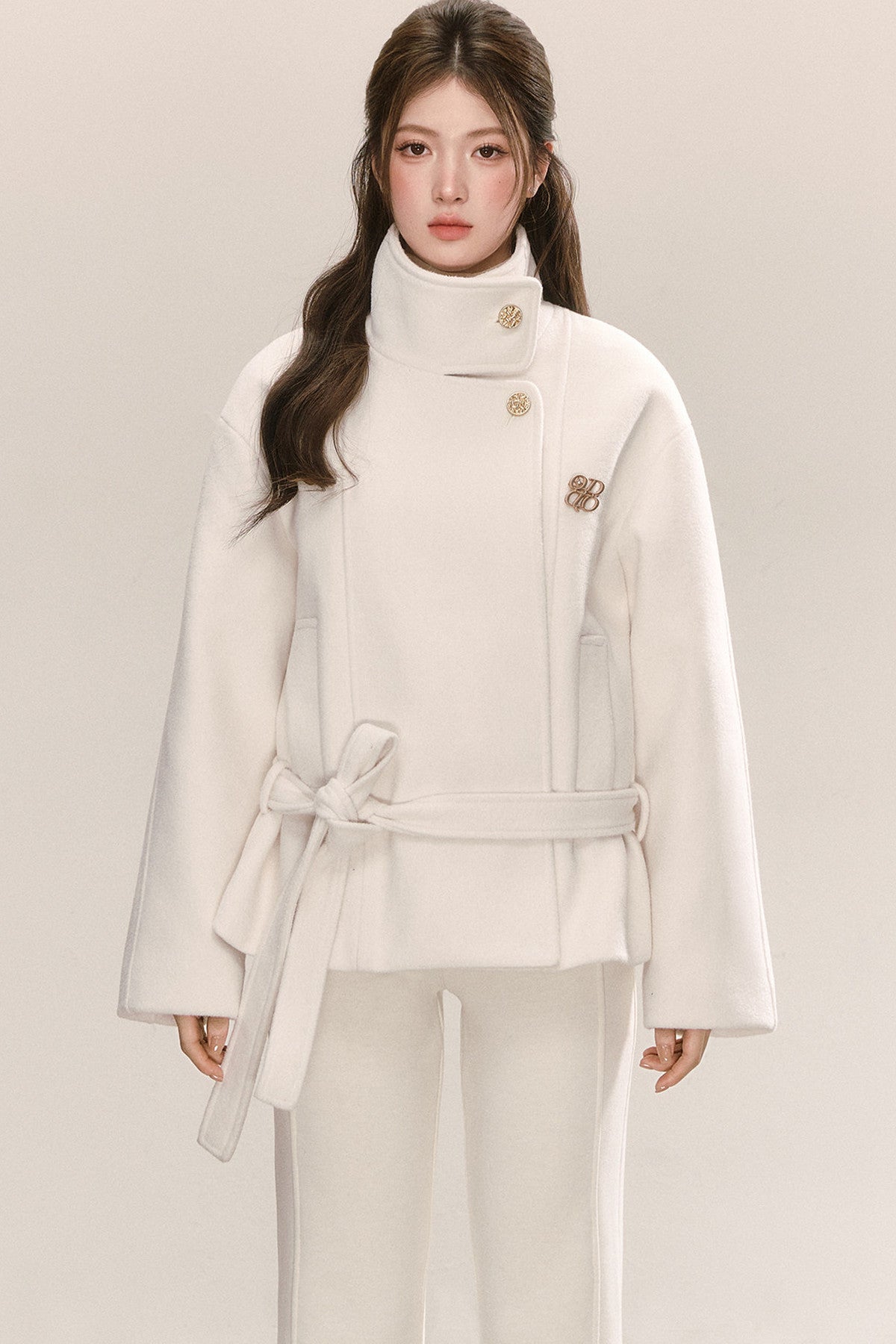 White Tie-Waist Woolen Jacket