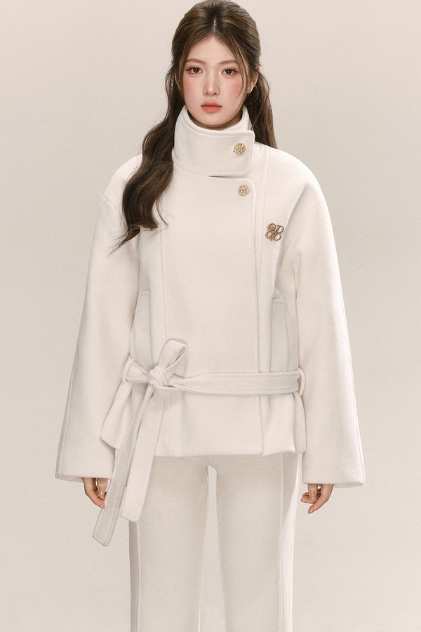 White Tie-Waist Woolen Jacket