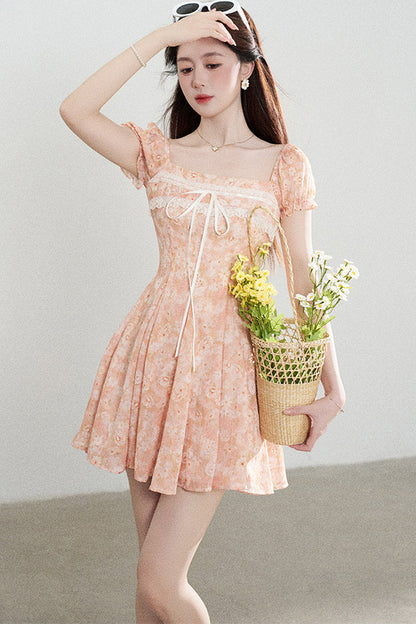 Square-Neck Floral Puff-Sleeve Chiffon Dress