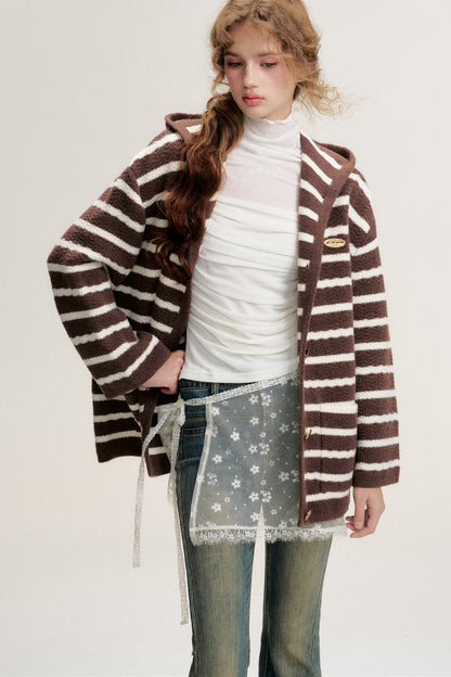 Hooded Striped Knit Cardigan