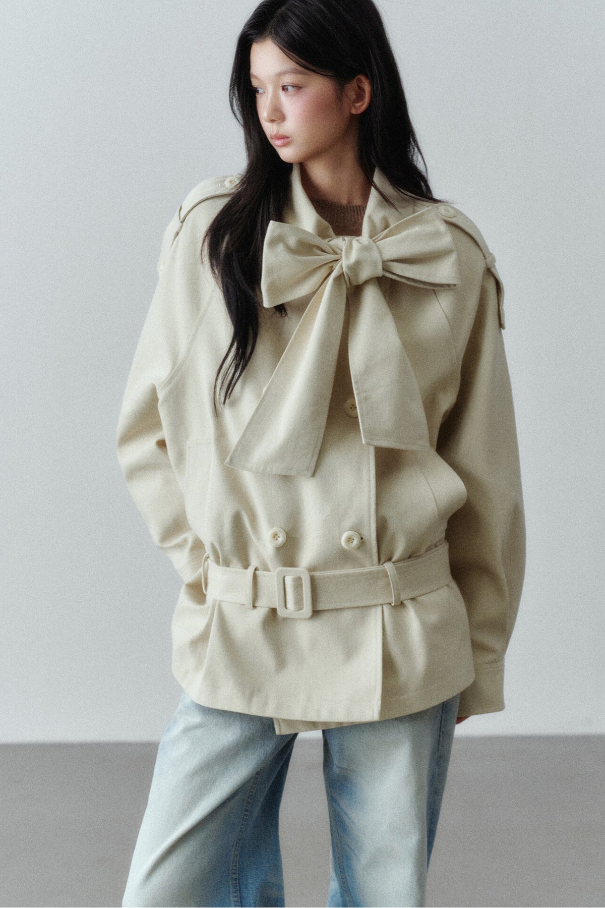 Bow Tie Low-Waist Cotton Trench Coat