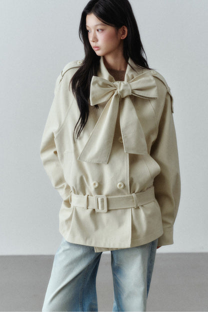 Bow Tie Low-Waist Cotton Trench Coat