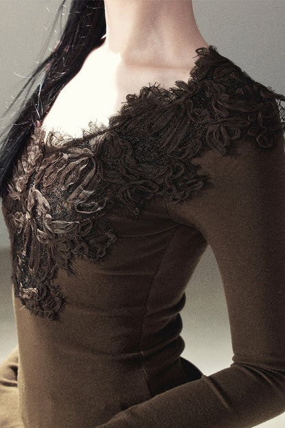 Long Sleeve V-Neck Lace T-Shirt