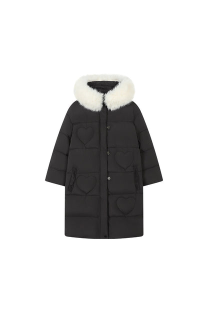 Long Heart Quilted Fur Collar Down Coat