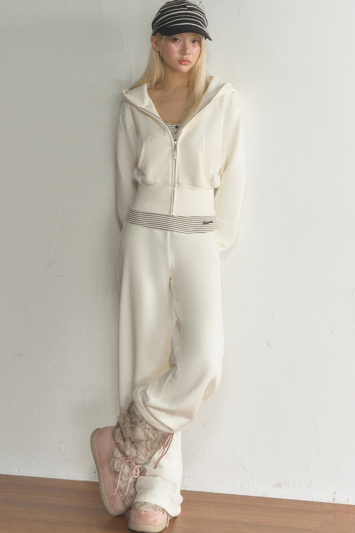 Short Hooded Sweatshirt Jacket and Pants Set-Up