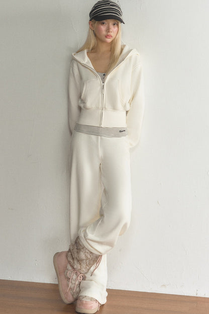 Short Hooded Sweatshirt Jacket and Pants Set-Up
