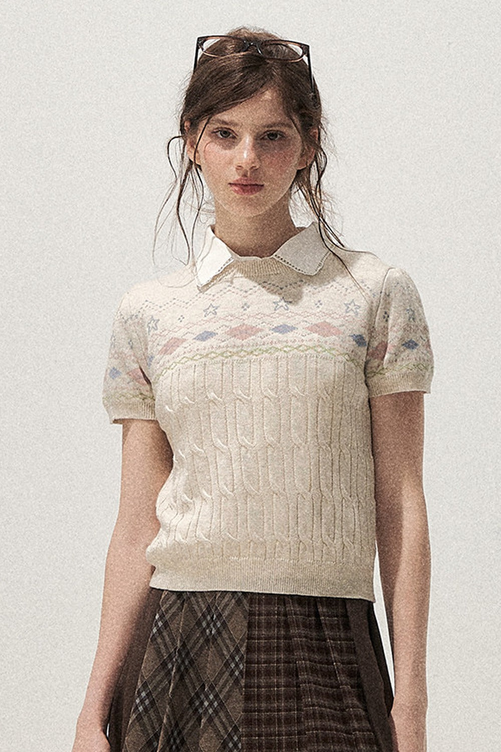 Retro Fair Isle Argyle Short-Sleeve Knit Sweater and Skirt Set-Up
