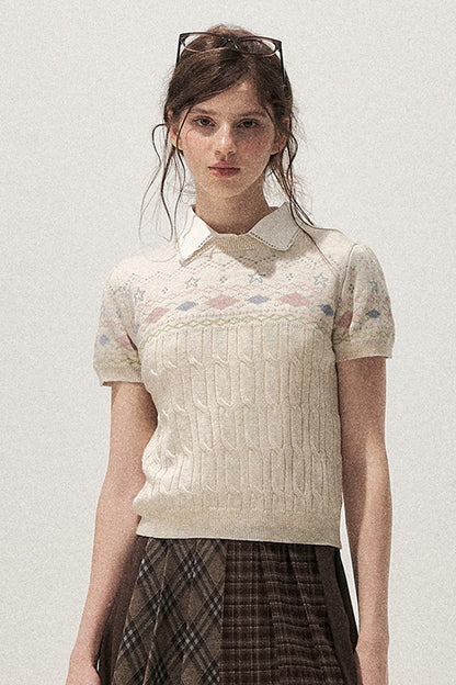Retro Fair Isle Argyle Short-Sleeve Knit Sweater and Skirt Set-Up