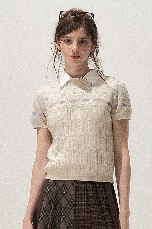 Retro Fair Isle Argyle Short-Sleeve Knit Sweater and Skirt Set-Up