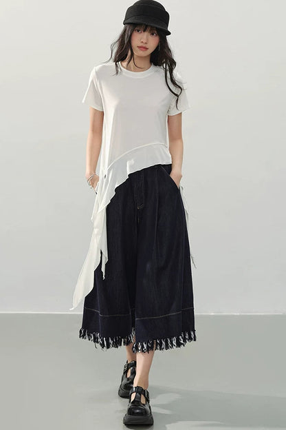 Black Fringe Wide-Leg Denim Culottes