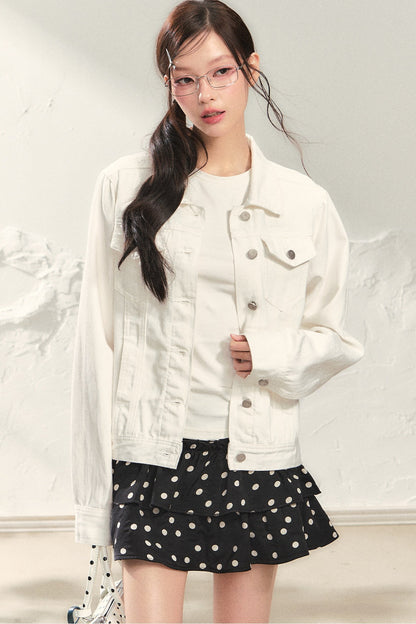 White Denim Jacket and Black Polka Skirt Set-Up