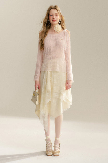 Lace-Up Off-Shoulder Knit Sweater