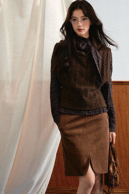 Retro Plaid Ribbon Top and Suede Skirt Set-Up