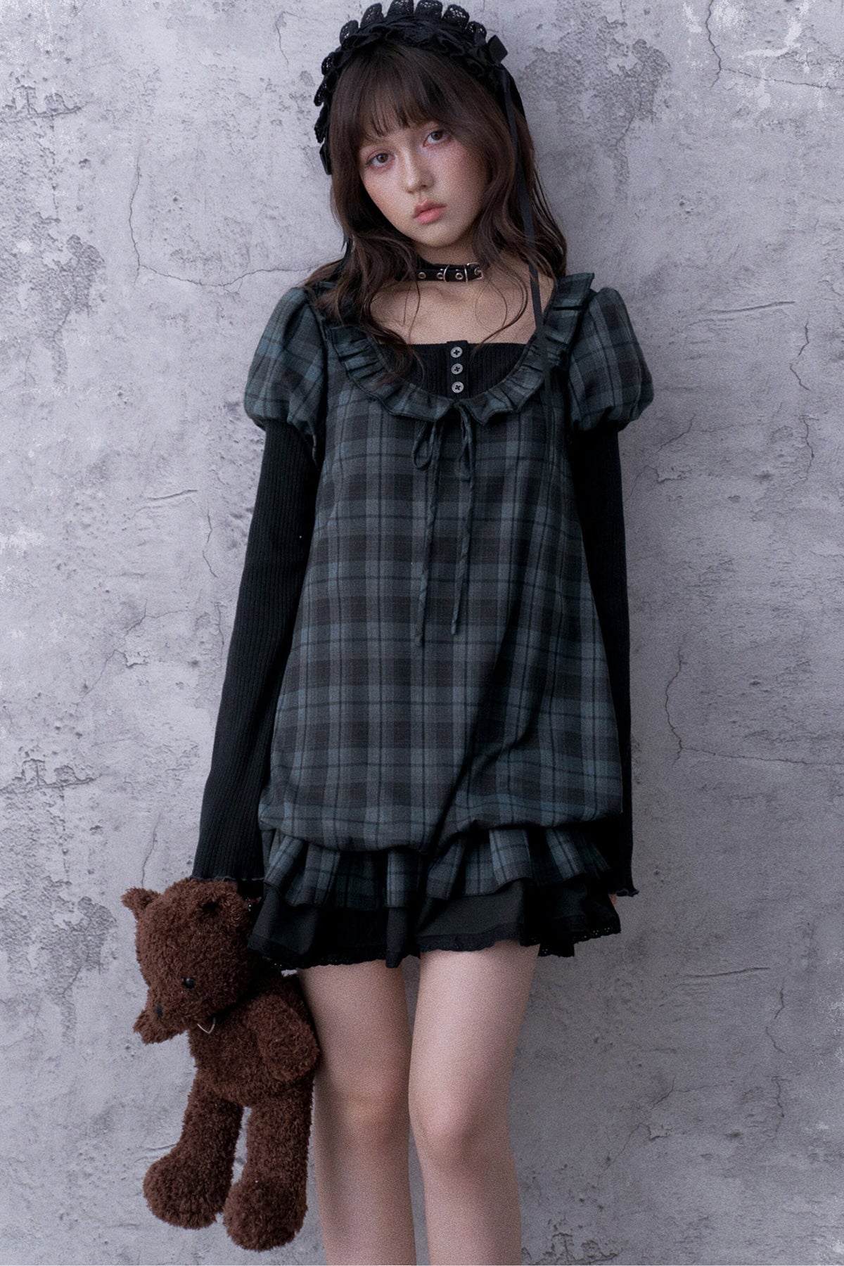 Robe babydoll à carreaux bleu et noir