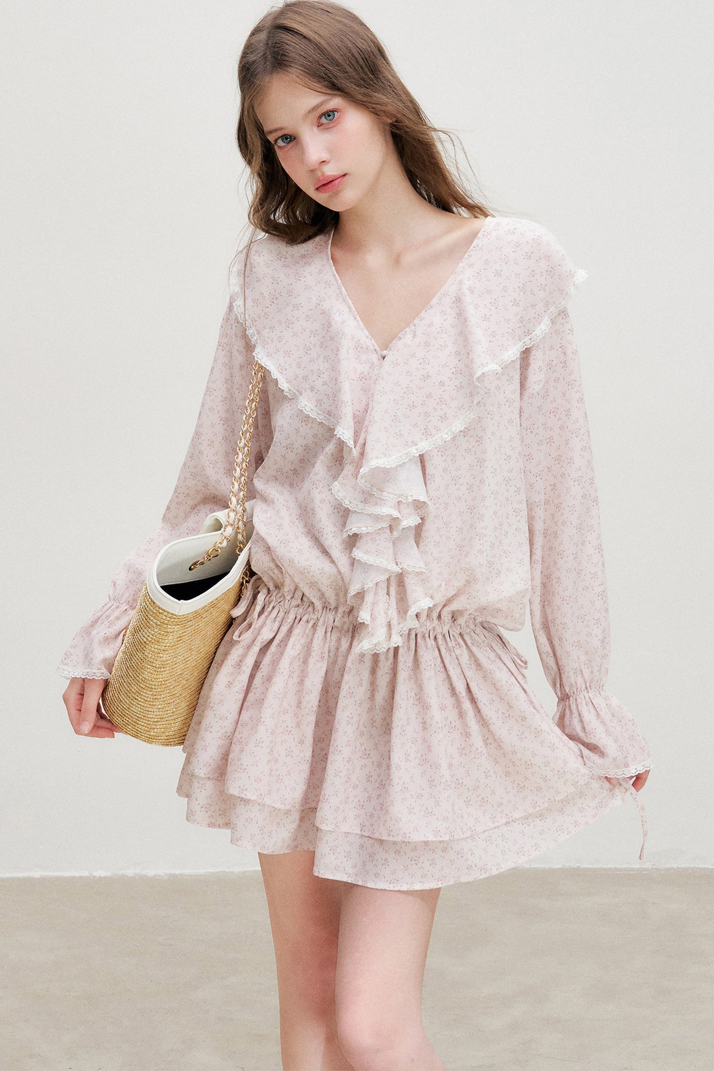 Floral Ruffle V-Neck Long-Sleeve Dress