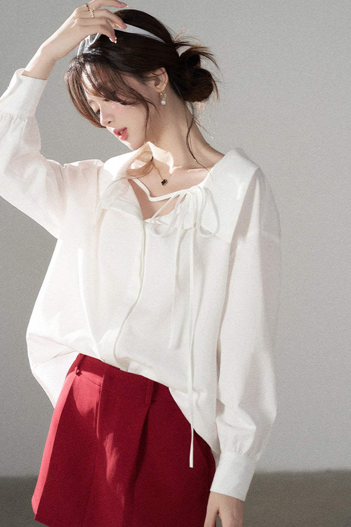 Long-Sleeve V-Neck Shirt and Skirt Set-Up