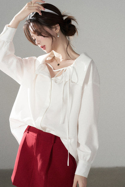 Long-Sleeve V-Neck Shirt and Skirt Set-Up