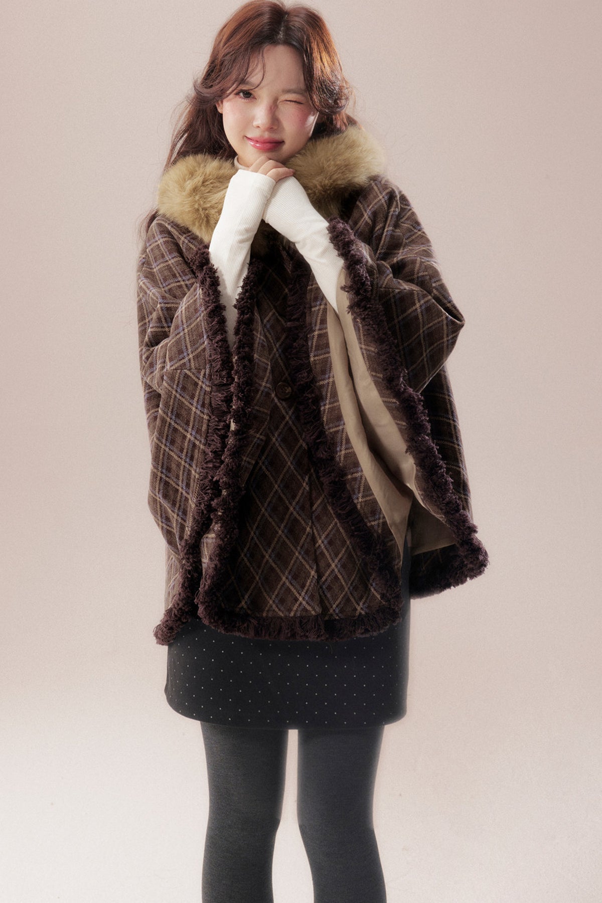 Plaid Fur Collar Hooded Shawl Cape