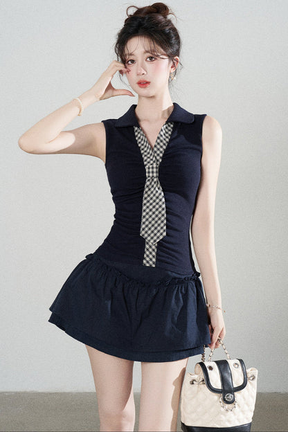 Ensemble tee-shirt à manches courtes et jupe en maille bleu marine
