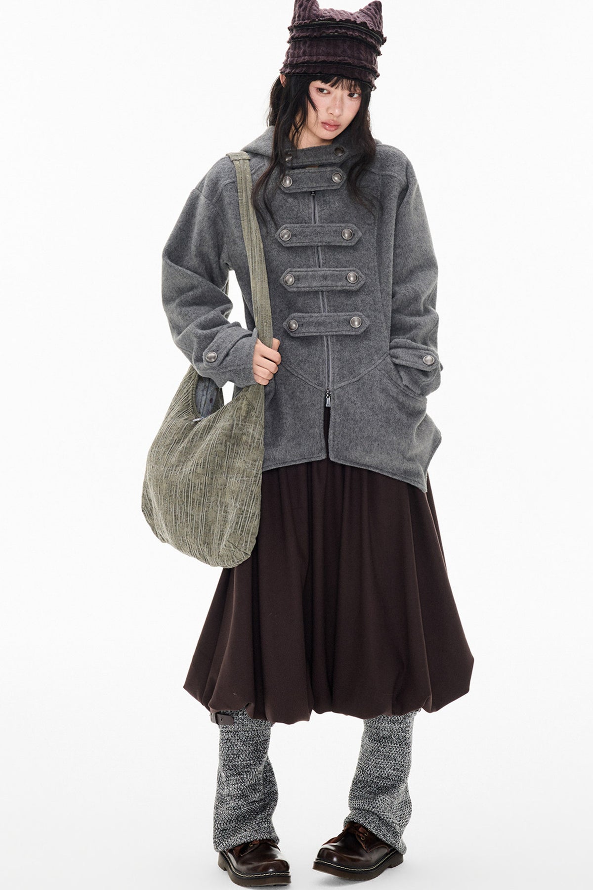 Woolen Hooded Irregular Hem Jacket
