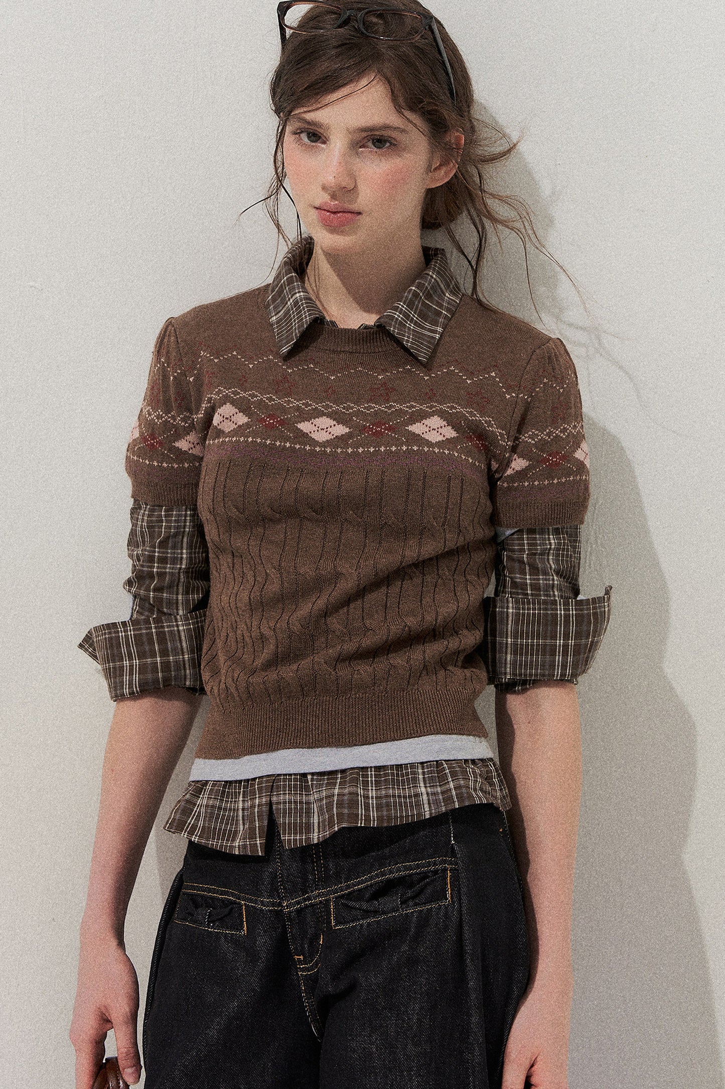 Retro Fair Isle Argyle Short-Sleeve Knit Sweater and Skirt Set-Up