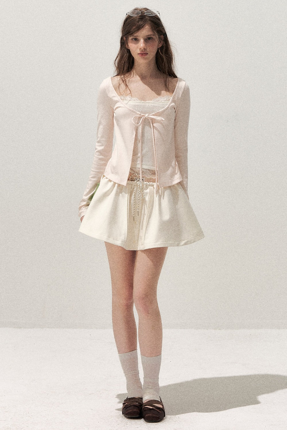 Lace Spliced Tie-Up Long Sleeve Top