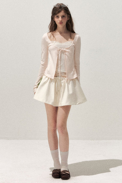 Lace Spliced Tie-Up Long Sleeve Top