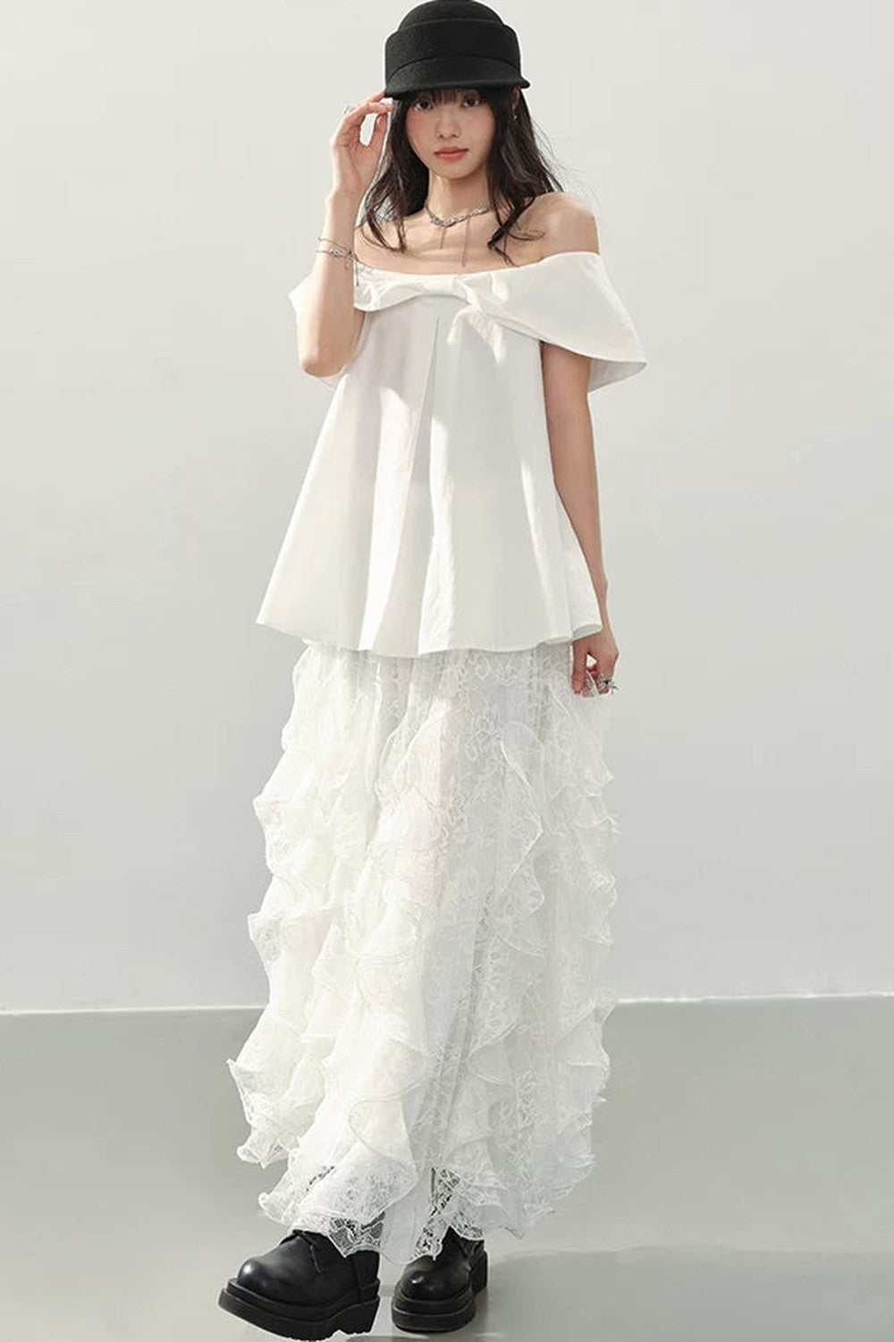 White Lace Ruffle Midi Skirt