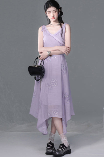 Set aus violettem Pailletten-Camisole und Kleid mit asymmetrischem Saum