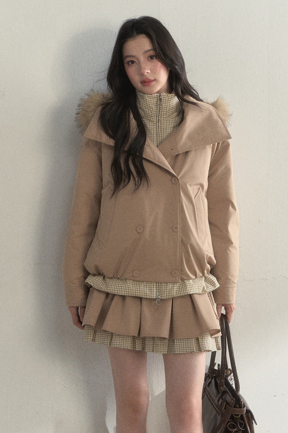 Parka acolchada de cuadros cruzada con estampado de capullos