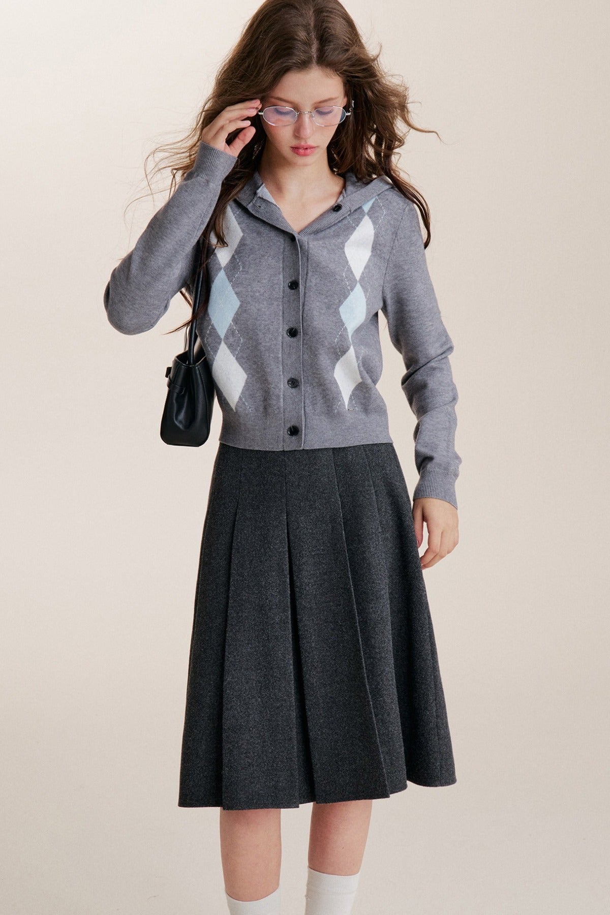 Cardigan con cappuccio a maniche lunghe, monopetto e fantasia a rombi