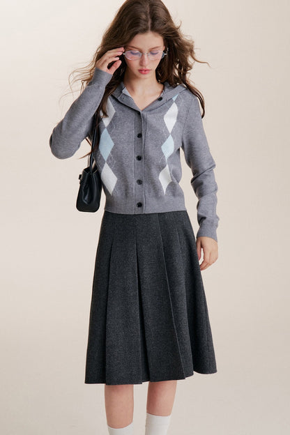 Cardigan con cappuccio a maniche lunghe, monopetto e fantasia a rombi
