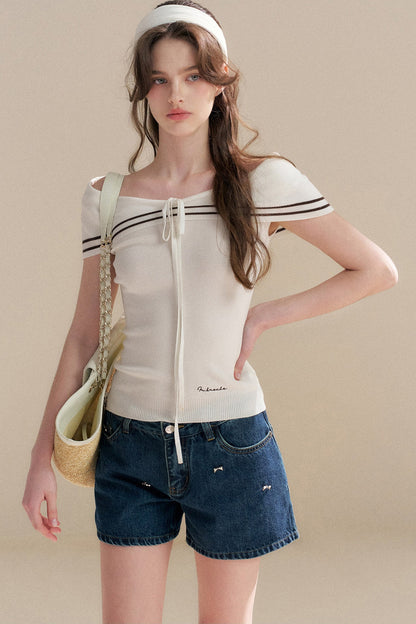 Navy Lyocell Off-Shoulder Knit Top