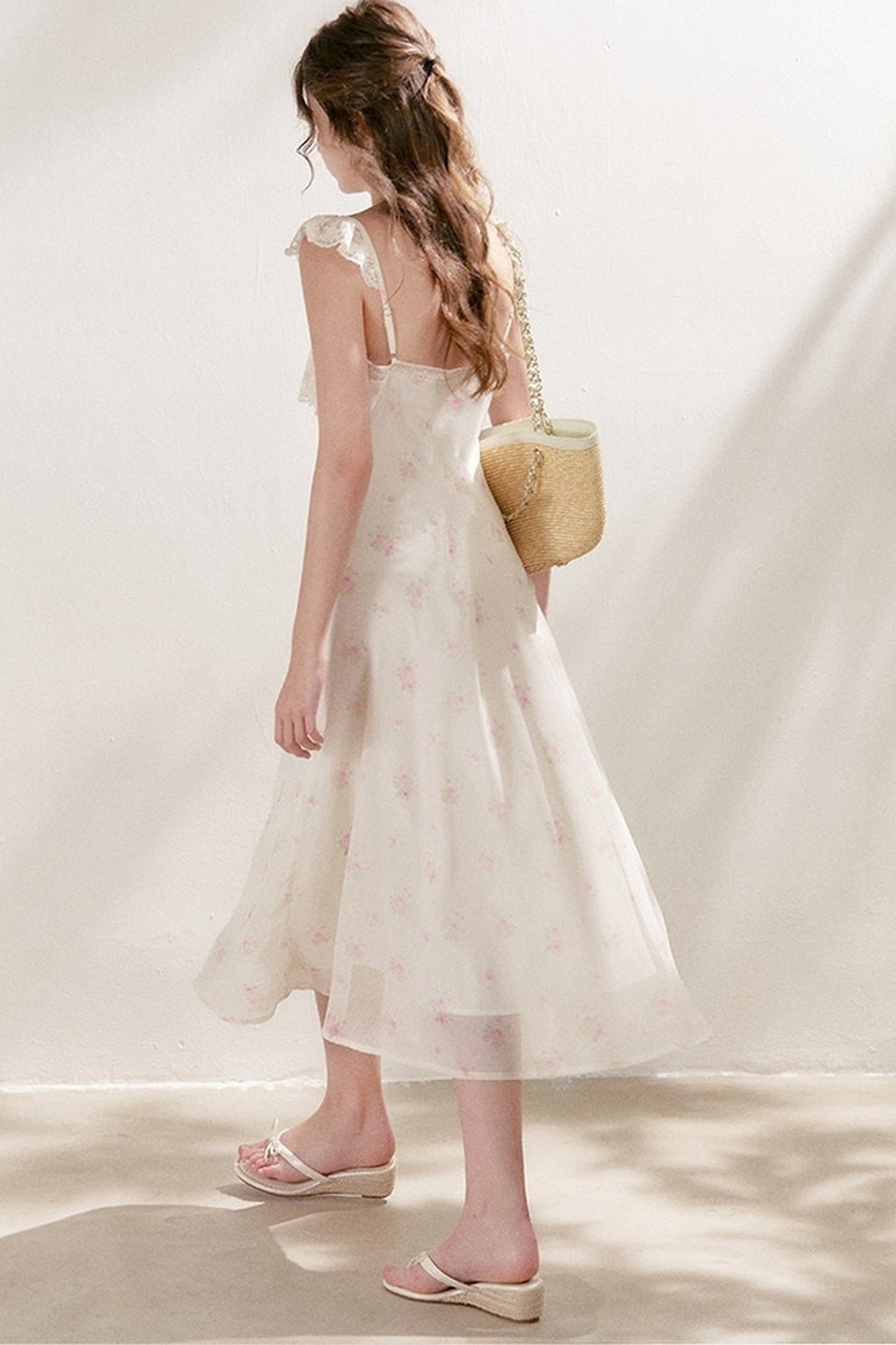 Hand-Painted Blurred Rose Print Lace Patchwork Long Dress
