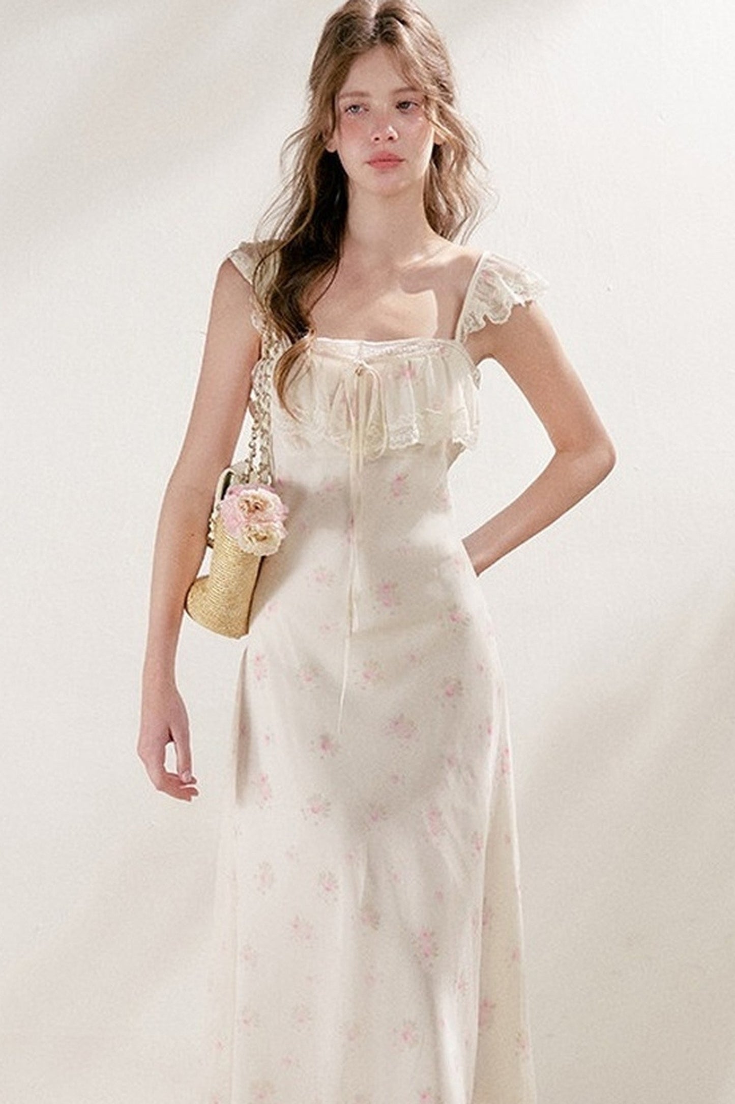 Hand-Painted Blurred Rose Print Lace Patchwork Long Dress