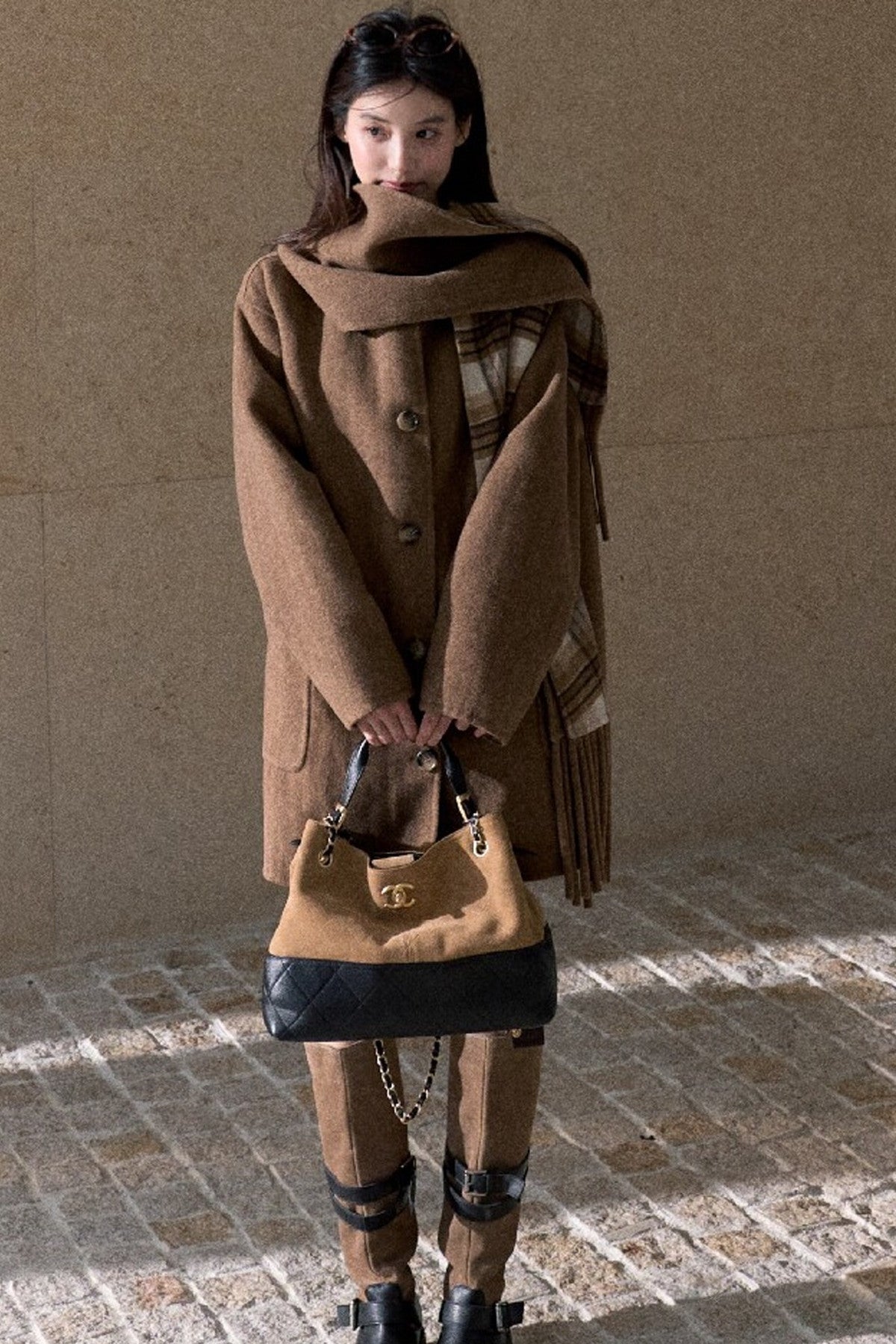 Drop-Shoulder Tassel Scarf Collar Jacket
