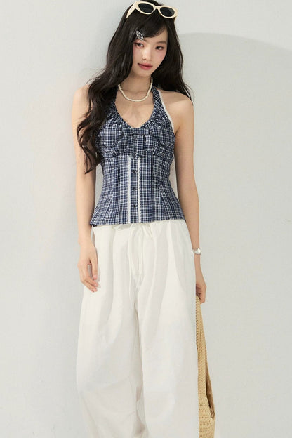 Gilet halter scozzese con fiocco