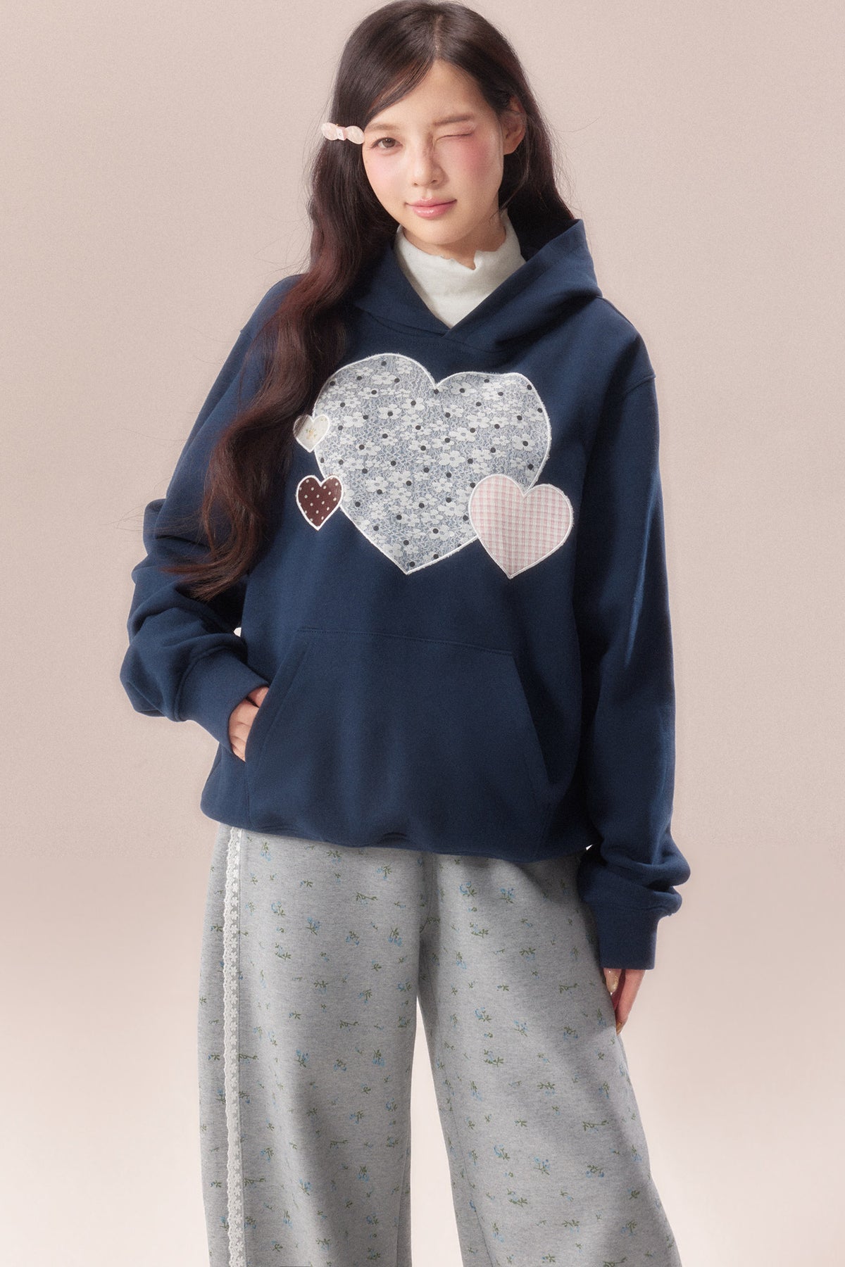 Heart Patchwork Embroidered Hooded Sweatshirt
