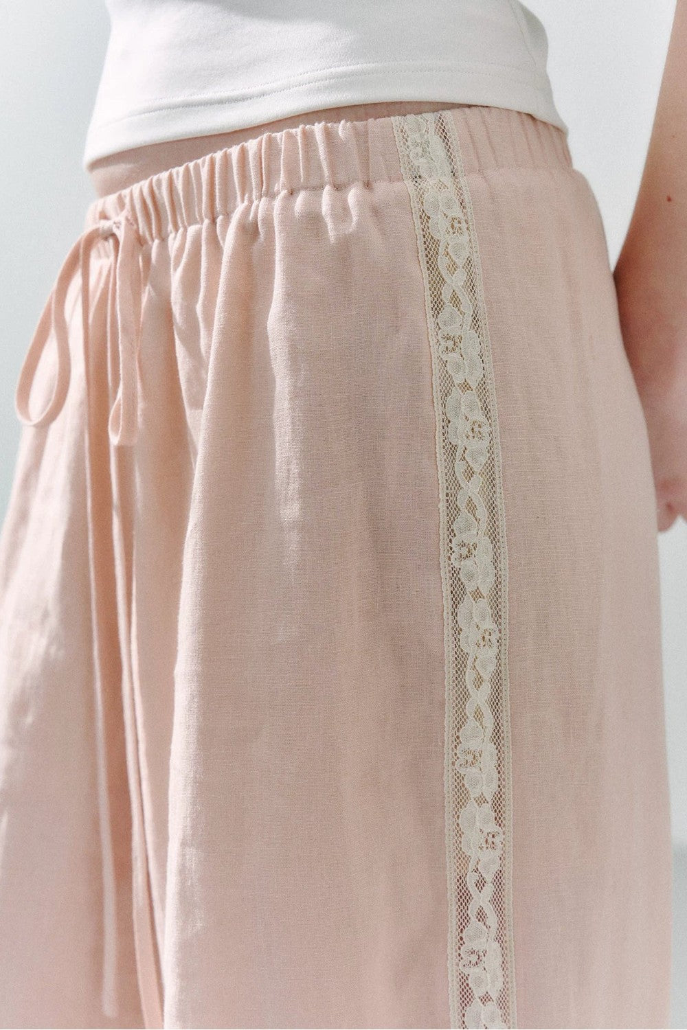 Pure Linen Lace-Trimmed Wide Leg Pants