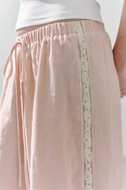 Pure Linen Lace-Trimmed Wide Leg Pants