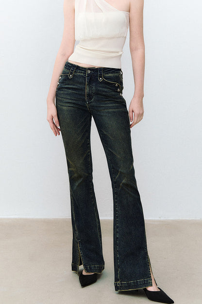 Heart Button Slit Flared Jeans