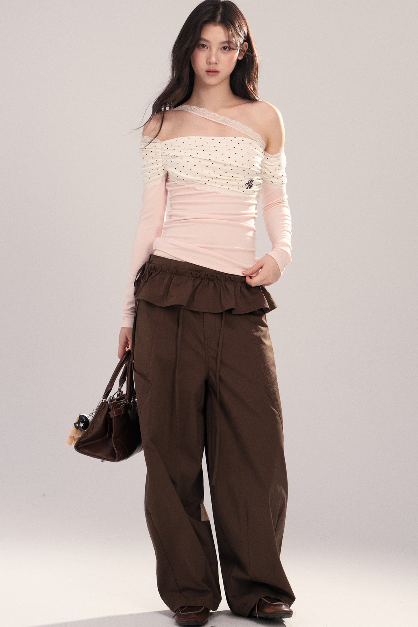 Polka Dot Spliced Lace Off-Shoulder T-Shirt