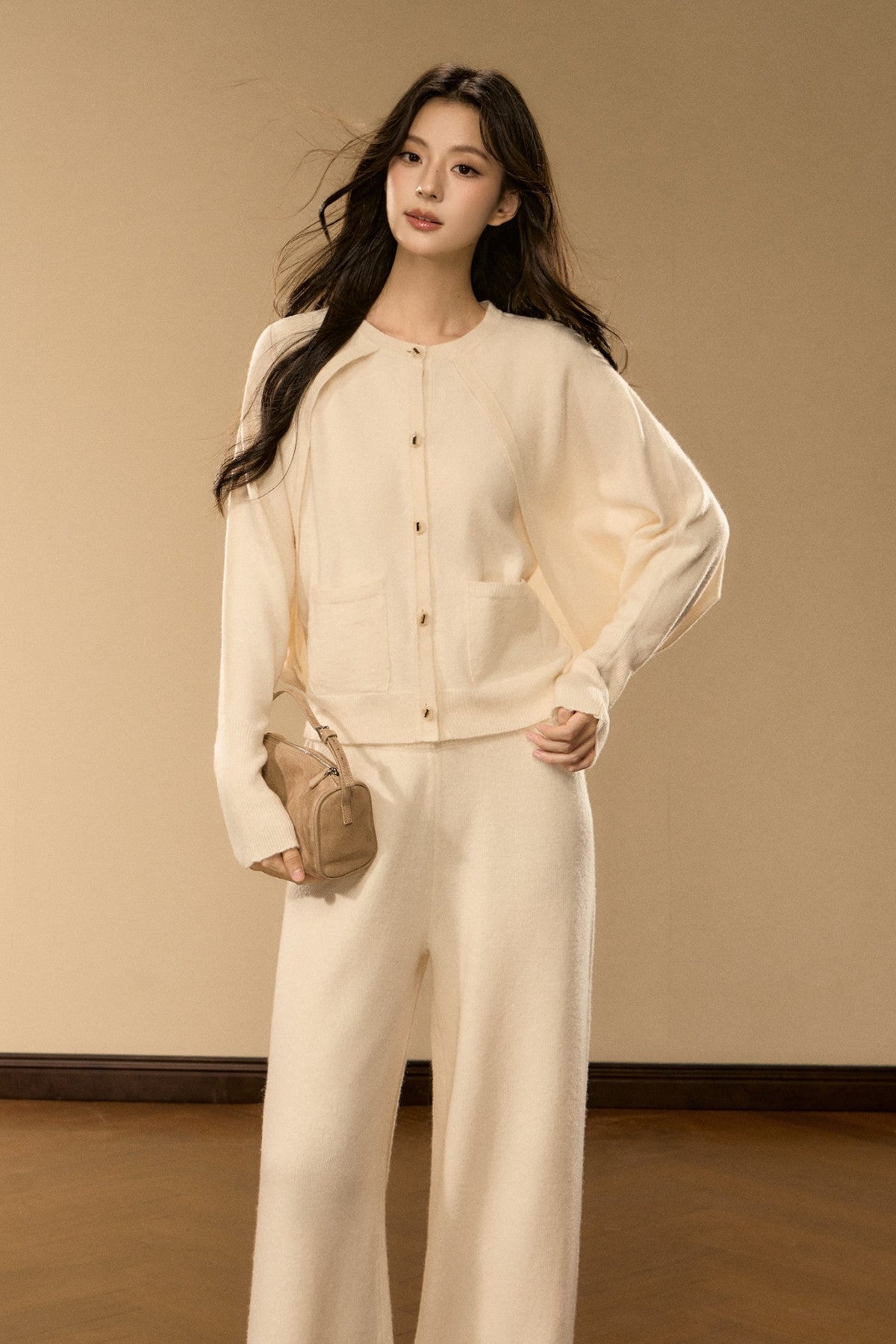 Wool and Cashmere Blend Cardigan and Pants Set-Up