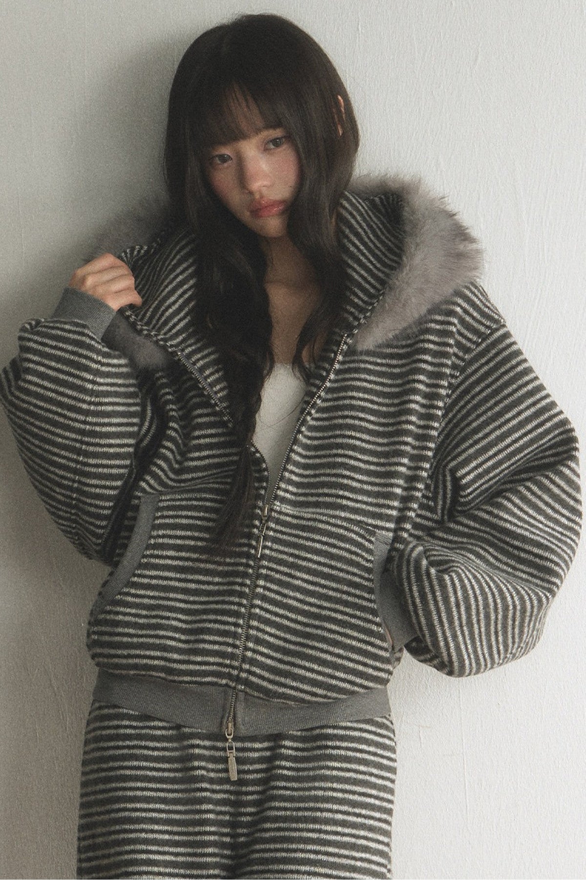Striped Fur Collar Hooded Top and Pants Set-Up