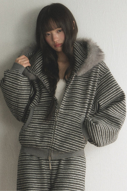 Striped Fur Collar Hooded Top and Pants Set-Up
