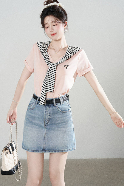 Loose Short-Sleeved Striped Shawl T-Shirt and Denim Skirt Set-Up