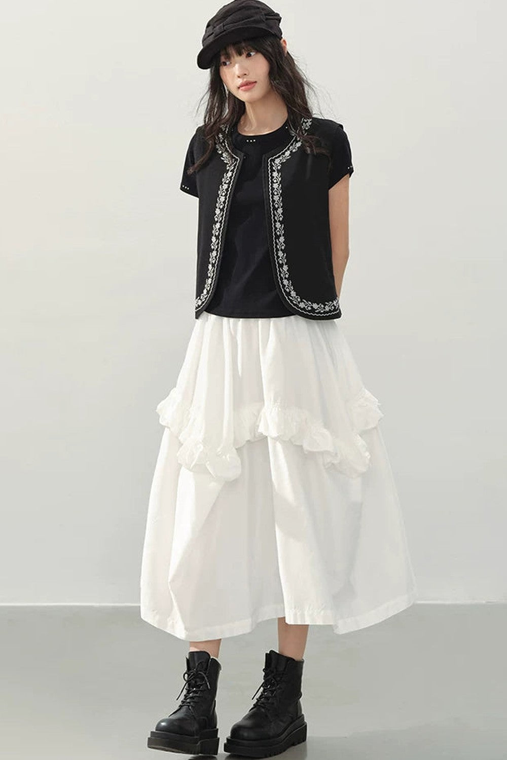 White High Waist Ruffle Midi Skirt