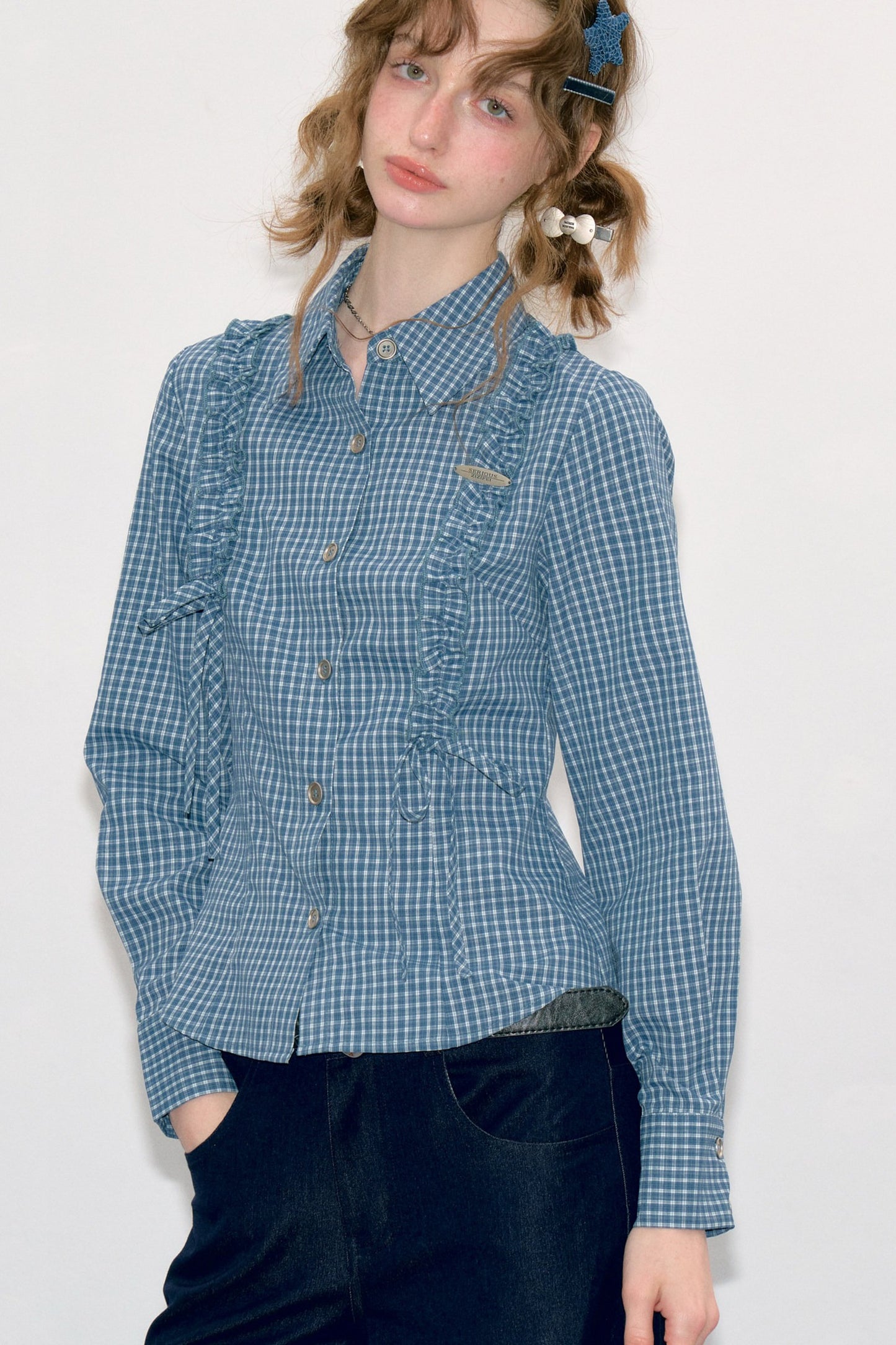 Blue Plaid Slimming Long Sleeve Blouse